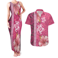 Pink Hibiscus Turle Couples Matching Tank Maxi Dress and Hawaiian Shirt Hawaiian Style Tribal Tapa Pattern
