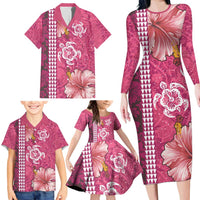 Pink Hibiscus Turle Family Matching Long Sleeve Bodycon Dress and Hawaiian Shirt Hawaiian Style Tribal Tapa Pattern