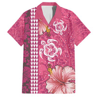 Pink Hibiscus Turle Family Matching Long Sleeve Bodycon Dress and Hawaiian Shirt Hawaiian Style Tribal Tapa Pattern
