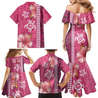Pink Hibiscus Turle Family Matching Mermaid Dress and Hawaiian Shirt Hawaiian Style Tribal Tapa Pattern