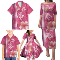 Pink Hibiscus Turle Family Matching Puletasi and Hawaiian Shirt Hawaiian Style Tribal Tapa Pattern