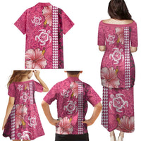 Pink Hibiscus Turle Family Matching Puletasi and Hawaiian Shirt Hawaiian Style Tribal Tapa Pattern