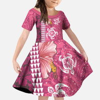 Pink Hibiscus Turle Family Matching Short Sleeve Bodycon Dress and Hawaiian Shirt Hawaiian Style Tribal Tapa Pattern