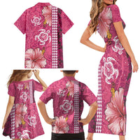 Pink Hibiscus Turle Family Matching Short Sleeve Bodycon Dress and Hawaiian Shirt Hawaiian Style Tribal Tapa Pattern