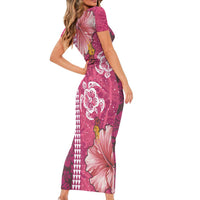 Pink Hibiscus Turle Family Matching Short Sleeve Bodycon Dress and Hawaiian Shirt Hawaiian Style Tribal Tapa Pattern