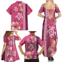 Pink Hibiscus Turle Family Matching Summer Maxi Dress and Hawaiian Shirt Hawaiian Style Tribal Tapa Pattern