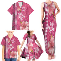 Pink Hibiscus Turle Family Matching Tank Maxi Dress and Hawaiian Shirt Hawaiian Style Tribal Tapa Pattern