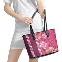 Pink Hibiscus Turle Leather Tote Bag Hawaiian Style Tribal Tapa Pattern