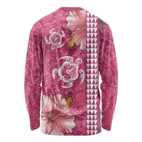 Pink Hibiscus Turle Long Sleeve Shirt Hawaiian Style Tribal Tapa Pattern
