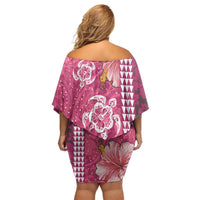 Pink Hibiscus Turle Off Shoulder Short Dress Hawaiian Style Tribal Tapa Pattern