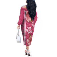 Pink Hibiscus Turle Off The Shoulder Long Sleeve Dress Hawaiian Style Tribal Tapa Pattern
