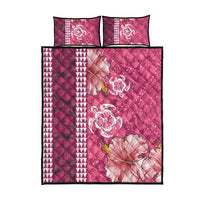Pink Hibiscus Turle Quilt Bed Set Hawaiian Style Tribal Tapa Pattern