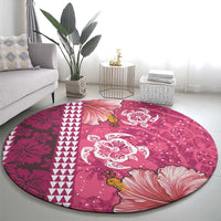 Pink Hibiscus Turle Round Carpet Hawaiian Style Tribal Tapa Pattern
