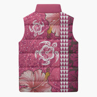 Pink Hibiscus Turle Sleeveless Puffer Jacket Hawaiian Style Tribal Tapa Pattern - Polynesian Pride