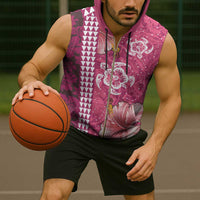 Pink Hibiscus Turle Sleeveless Zip Hoodie Hawaiian Style Tribal Tapa Pattern - Polynesian Pride