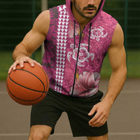 Pink Hibiscus Turle Sleeveless Zip Hoodie Hawaiian Style Tribal Tapa Pattern LT9 - Polynesian Pride