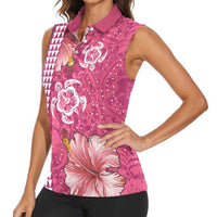 Pink Hibiscus Turle Women Sleeveless Polo Shirt Hawaiian Style Tribal Tapa Pattern