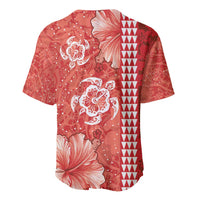 Red Hibiscus Turle Baseball Jersey Hawaiian Style Tribal Tapa Pattern