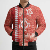 Red Hibiscus Turle Bomber Puffer Jacket Hawaiian Style Tribal Tapa Pattern - Polynesian Pride