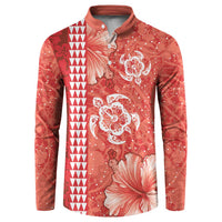 Red Hibiscus Turle Button Sweatshirt Hawaiian Style Tribal Tapa Pattern