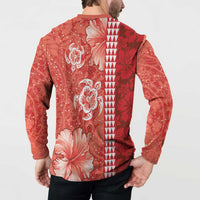 Red Hibiscus Turle Button Sweatshirt Hawaiian Style Tribal Tapa Pattern