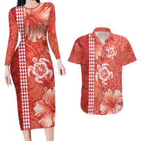 Red Hibiscus Turle Couples Matching Long Sleeve Bodycon Dress and Hawaiian Shirt Hawaiian Style Tribal Tapa Pattern