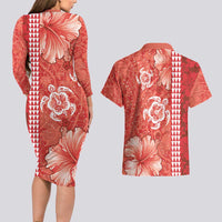 Red Hibiscus Turle Couples Matching Long Sleeve Bodycon Dress and Hawaiian Shirt Hawaiian Style Tribal Tapa Pattern