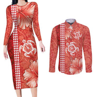 Red Hibiscus Turle Couples Matching Long Sleeve Bodycon Dress and Long Sleeve Button Shirt Hawaiian Style Tribal Tapa Pattern