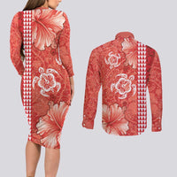 Red Hibiscus Turle Couples Matching Long Sleeve Bodycon Dress and Long Sleeve Button Shirt Hawaiian Style Tribal Tapa Pattern
