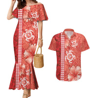 Red Hibiscus Turle Couples Matching Mermaid Dress and Hawaiian Shirt Hawaiian Style Tribal Tapa Pattern