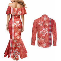 Red Hibiscus Turle Couples Matching Mermaid Dress and Long Sleeve Button Shirt Hawaiian Style Tribal Tapa Pattern