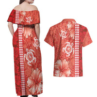 Red Hibiscus Turle Couples Matching Off Shoulder Maxi Dress and Hawaiian Shirt Hawaiian Style Tribal Tapa Pattern