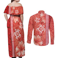 Red Hibiscus Turle Couples Matching Off Shoulder Maxi Dress and Long Sleeve Button Shirt Hawaiian Style Tribal Tapa Pattern