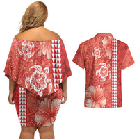 Red Hibiscus Turle Couples Matching Off Shoulder Short Dress and Hawaiian Shirt Hawaiian Style Tribal Tapa Pattern