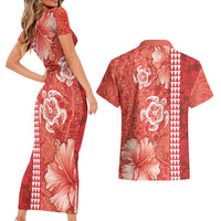 Red Hibiscus Turle Couples Matching Short Sleeve Bodycon Dress and Hawaiian Shirt Hawaiian Style Tribal Tapa Pattern
