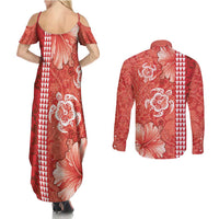 Red Hibiscus Turle Couples Matching Summer Maxi Dress and Long Sleeve Button Shirt Hawaiian Style Tribal Tapa Pattern