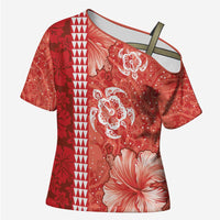 Red Hibiscus Turle Cross Shoulder Shirt Hawaiian Style Tribal Tapa Pattern - Polynesian Pride