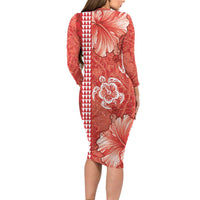 Red Hibiscus Turle Family Matching Long Sleeve Bodycon Dress and Hawaiian Shirt Hawaiian Style Tribal Tapa Pattern