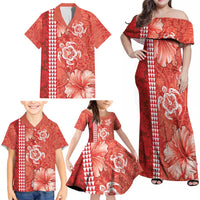 Red Hibiscus Turle Family Matching Off Shoulder Maxi Dress and Hawaiian Shirt Hawaiian Style Tribal Tapa Pattern
