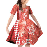 Red Hibiscus Turle Family Matching Off Shoulder Short Dress and Hawaiian Shirt Hawaiian Style Tribal Tapa Pattern