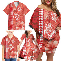 Red Hibiscus Turle Family Matching Off Shoulder Short Dress and Hawaiian Shirt Hawaiian Style Tribal Tapa Pattern
