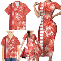 Red Hibiscus Turle Family Matching Short Sleeve Bodycon Dress and Hawaiian Shirt Hawaiian Style Tribal Tapa Pattern