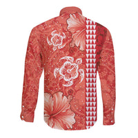 Red Hibiscus Turle Long Sleeve Button Shirt Hawaiian Style Tribal Tapa Pattern