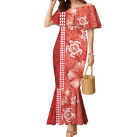 Red Hibiscus Turle Mermaid Dress Hawaiian Style Tribal Tapa Pattern
