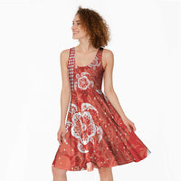 Red Hibiscus Turle Midi Dress Hawaiian Style Tribal Tapa Pattern - Polynesian Pride