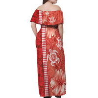 Red Hibiscus Turle Off Shoulder Maxi Dress Hawaiian Style Tribal Tapa Pattern