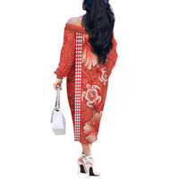 Red Hibiscus Turle Off The Shoulder Long Sleeve Dress Hawaiian Style Tribal Tapa Pattern