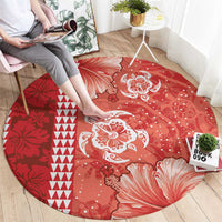 Red Hibiscus Turle Round Carpet Hawaiian Style Tribal Tapa Pattern