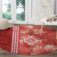 Red Hibiscus Turle Round Carpet Hawaiian Style Tribal Tapa Pattern