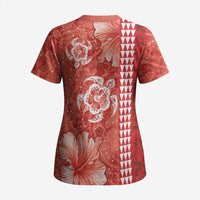 Red Hibiscus Turle Scrub Top Hawaiian Style Tribal Tapa Pattern - Polynesian Pride